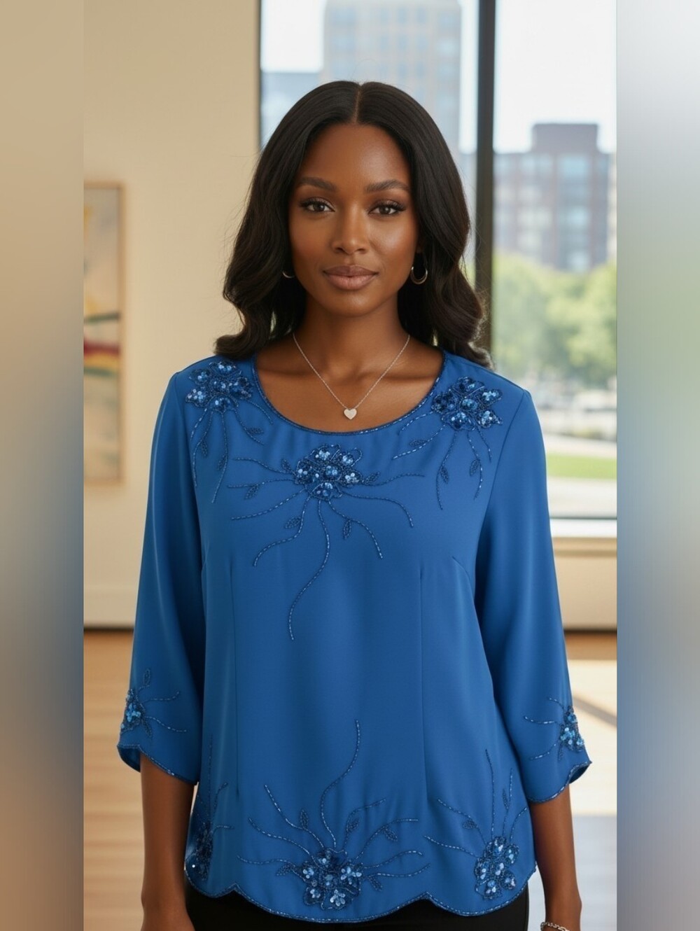 Anthony Richards Blue Beaded Floral Evening Blouse Sz.18P